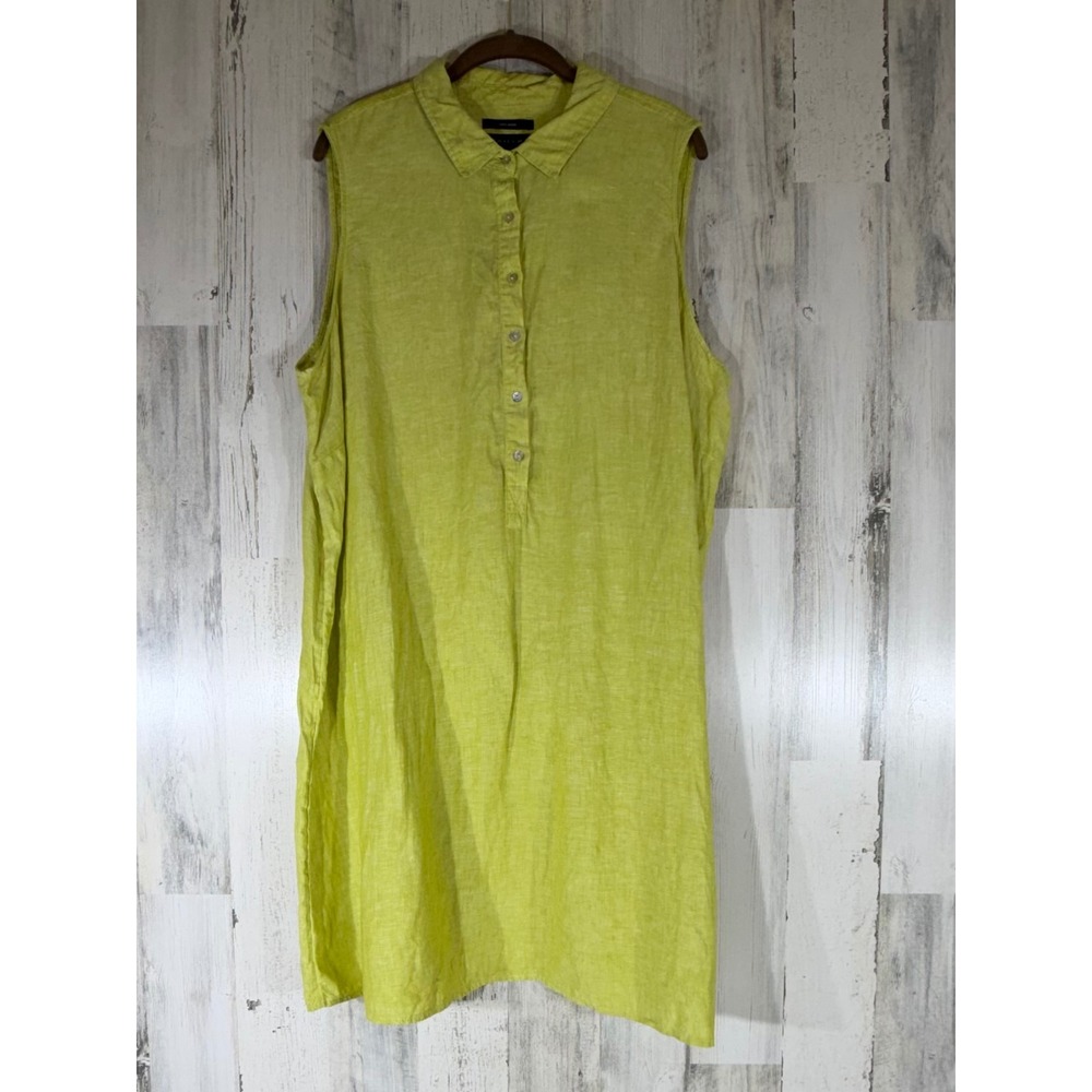Tahari Tunic Dress 2X Chartreuse Lime Green 100% Linen Sleeveless Shift Beach